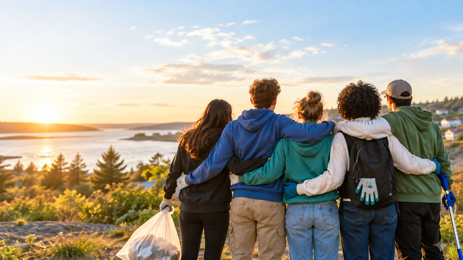 A group of young volunteers overlooking a coastal New Brunswick community